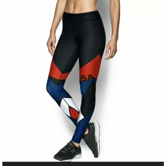 UNDER ARMOUR 1271804 002 WOMEN SZ XSmall HEATGEAR USA BLACK COMPRESSION LEGGINGS - Picture 2 of 9